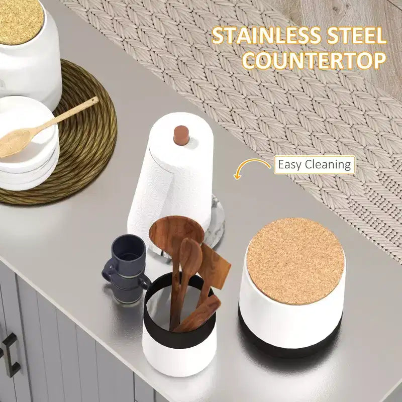 Îlot de cuisine sur roulettes avec tiroir, 3 armoires et comptoir en acier inoxydable