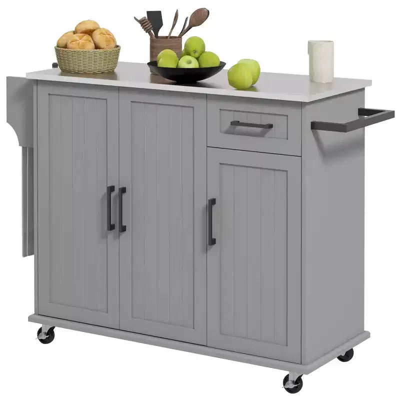 Kitchen Island with Wheels, Kitchen Island on Wheels with Drawer, 3 Cabinets, Stainless Steel Countertop