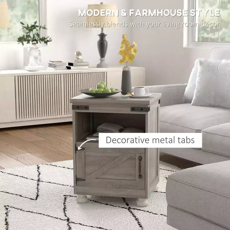 Table d'appoint avec rangement, Table de bout avec étagère ouverte, placard et pieds en bois, style moderne et ferme