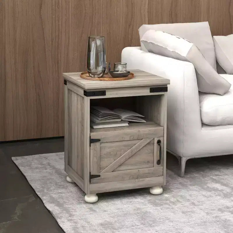 Table d'appoint avec rangement, Table de bout avec étagère ouverte, placard et pieds en bois, style moderne et ferme