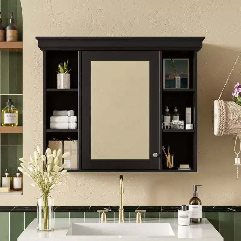 MAYEERTY 28.74 Wall Mounted Bathroom Storage Cabinet with Mirror Door 6 Open Shelves, Modern Bathroom Wall Cabinet Black