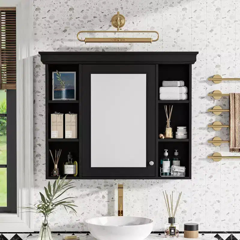 Meuble de Rangement Mural de Salle de Bain avec Miroir, 6 Étagères Ouvertes, Armoire Murale Moderne de Salle de Bain Noire