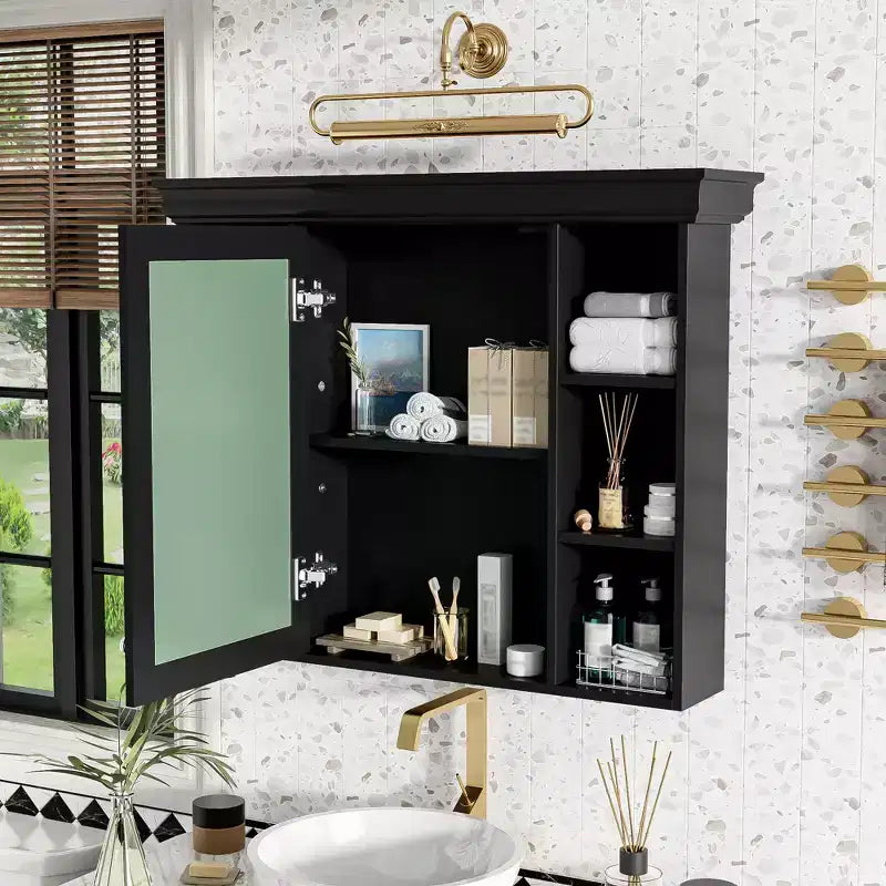 Meuble de Rangement Mural de Salle de Bain avec Miroir, 6 Étagères Ouvertes, Armoire Murale Moderne de Salle de Bain Noire