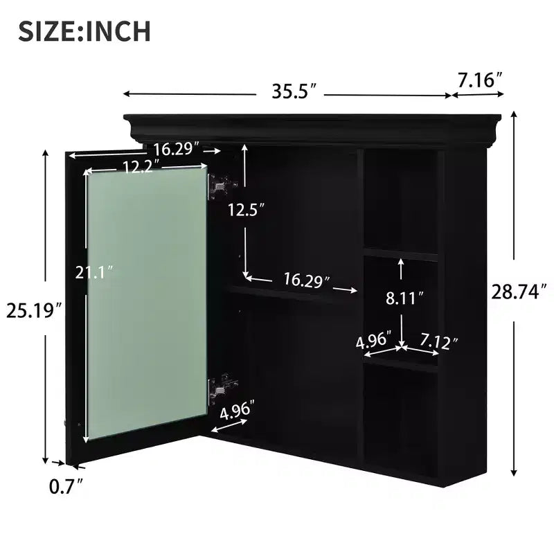 Meuble de Rangement Mural de Salle de Bain avec Miroir, 6 Étagères Ouvertes, Armoire Murale Moderne de Salle de Bain Noire