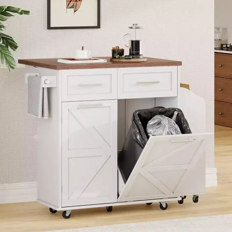 Îlot de cuisine de ferme blanc avec chariot de cuisine roulant à abattant sur roulettes pour cuisine, salle à manger