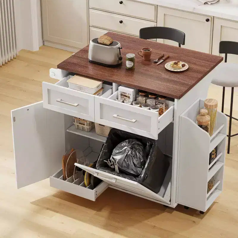 Îlot de cuisine de ferme blanc avec chariot de cuisine roulant à abattant sur roulettes pour cuisine, salle à manger