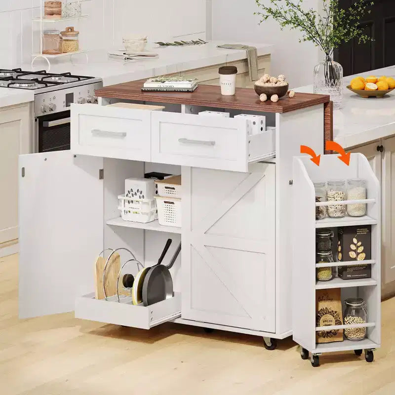Îlot de cuisine de ferme blanc avec chariot de cuisine roulant à abattant sur roulettes pour cuisine, salle à manger