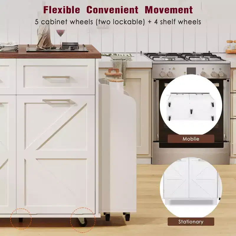 Îlot de cuisine de ferme blanc avec chariot de cuisine roulant à abattant sur roulettes pour cuisine, salle à manger