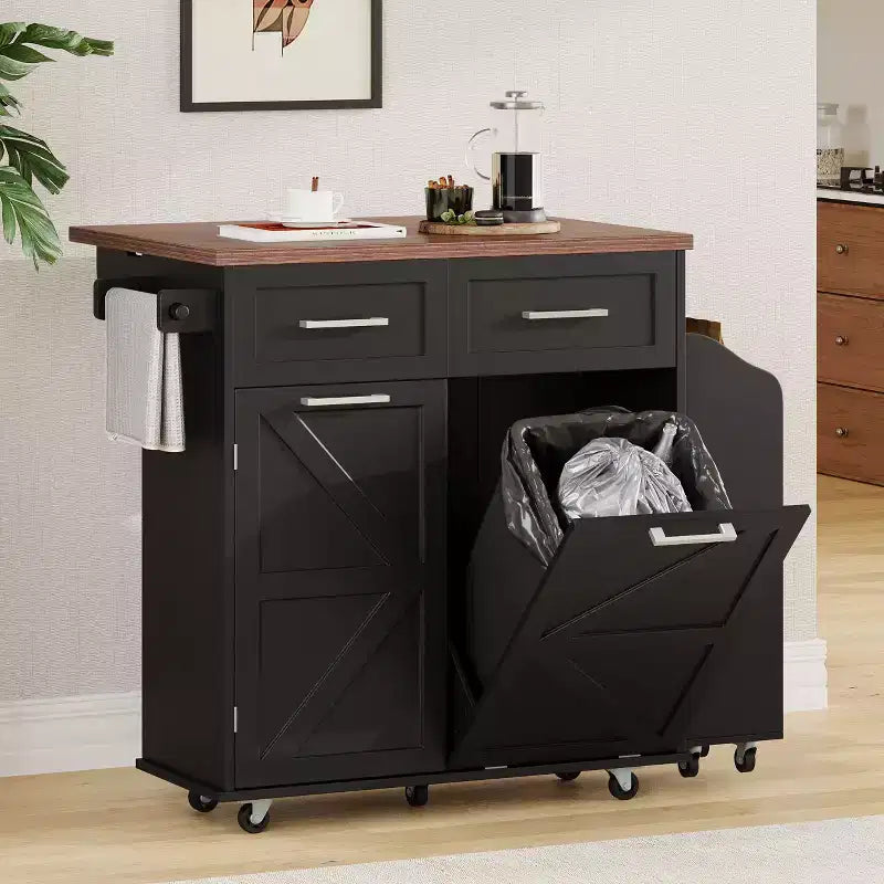 Îlot de cuisine de ferme blanc avec chariot de cuisine roulant à abattant sur roulettes pour cuisine, salle à manger