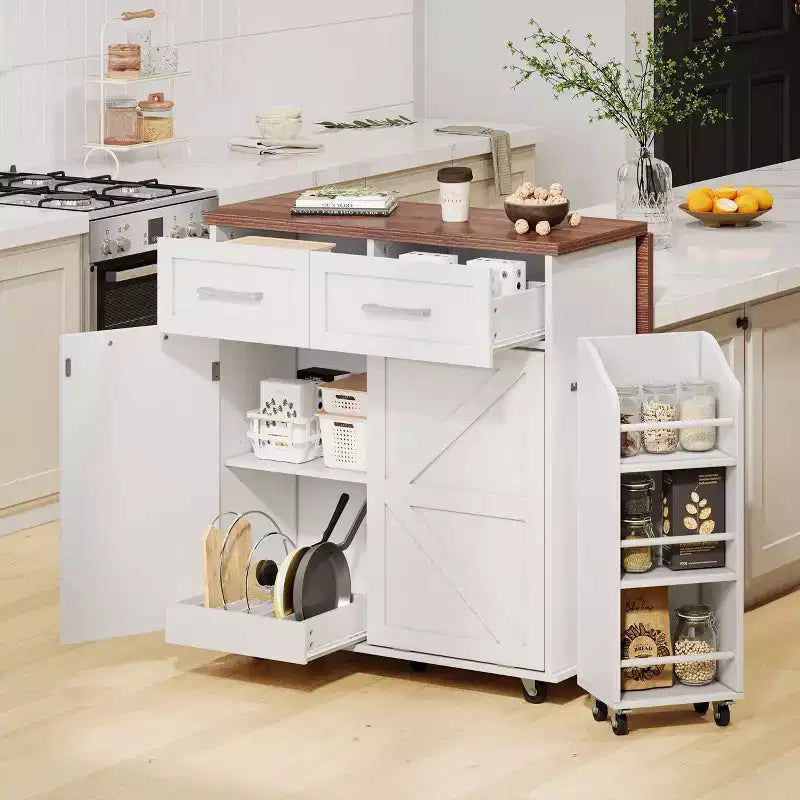 47.2 inch White Farmhouse Kitchen Island with Drop Leaf Rolling Kitchen Cart on Wheels for Home Kitchen Dining Room