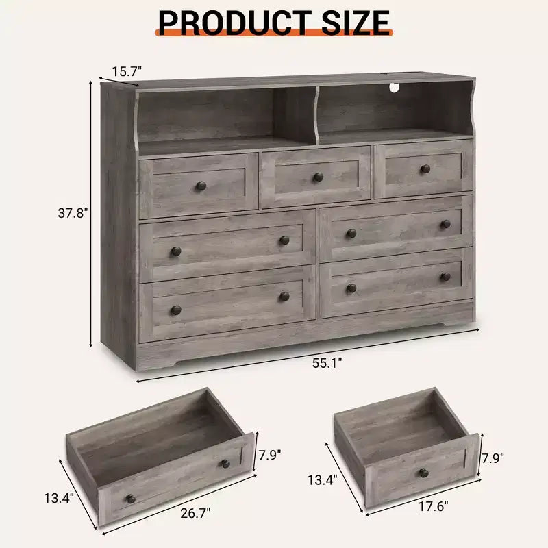 Commode 6 Tiroirs avec Prises de Courant et Lumière LED pour Chambre, Commode en Bois Mince avec Étagère Ouverte, Commode Étroite Peu Encombrante