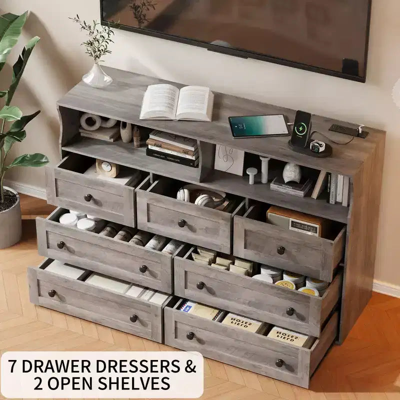 Commode 6 Tiroirs avec Prises de Courant et Lumière LED pour Chambre, Commode en Bois Mince avec Étagère Ouverte, Commode Étroite Peu Encombrante