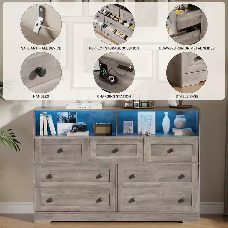 Commode 6 Tiroirs avec Prises de Courant et Lumière LED pour Chambre, Commode en Bois Mince avec Étagère Ouverte, Commode Étroite Peu Encombrante