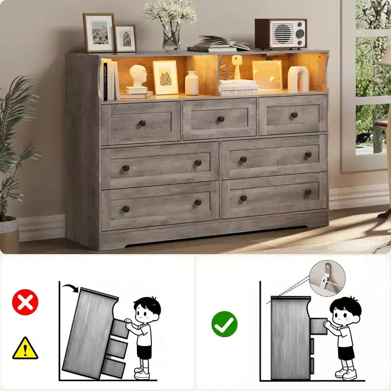 Commode 6 Tiroirs avec Prises de Courant et Lumière LED pour Chambre, Commode en Bois Mince avec Étagère Ouverte, Commode Étroite Peu Encombrante