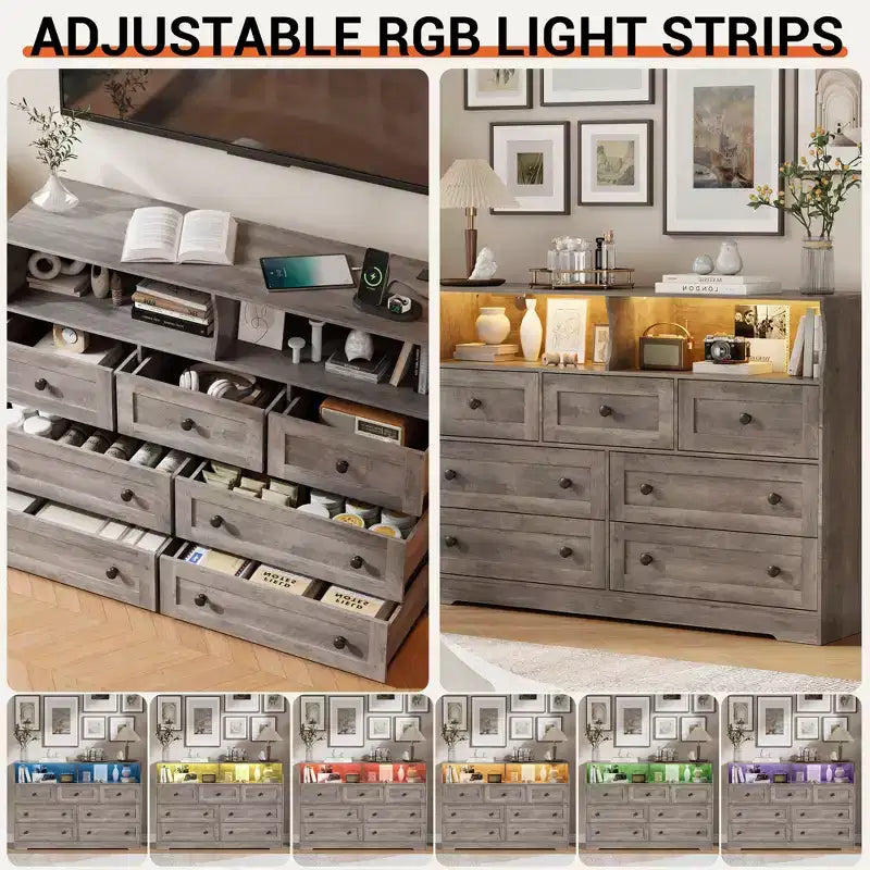 Commode 6 Tiroirs avec Prises de Courant et Lumière LED pour Chambre, Commode en Bois Mince avec Étagère Ouverte, Commode Étroite Peu Encombrante