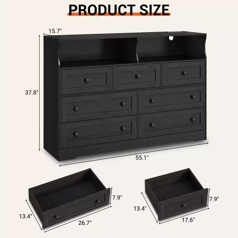 Commode 6 Tiroirs avec Prises de Courant et Lumière LED pour Chambre, Commode en Bois Mince avec Étagère Ouverte, Commode Étroite Peu Encombrante