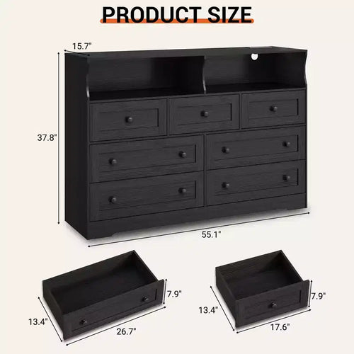 Commode 6 Tiroirs avec Prises de Courant et Lumière LED pour Chambre, Commode en Bois Mince avec Étagère Ouverte, Commode Étroite Peu Encombrante
