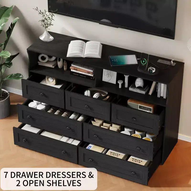 Commode 6 Tiroirs avec Prises de Courant et Lumière LED pour Chambre, Commode en Bois Mince avec Étagère Ouverte, Commode Étroite Peu Encombrante