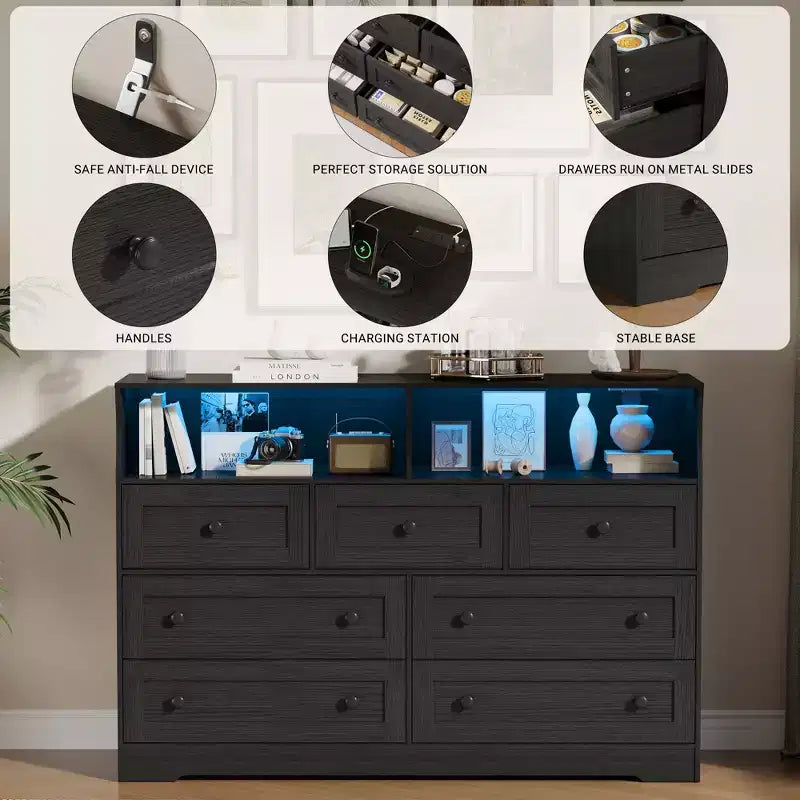 Commode 6 Tiroirs avec Prises de Courant et Lumière LED pour Chambre, Commode en Bois Mince avec Étagère Ouverte, Commode Étroite Peu Encombrante