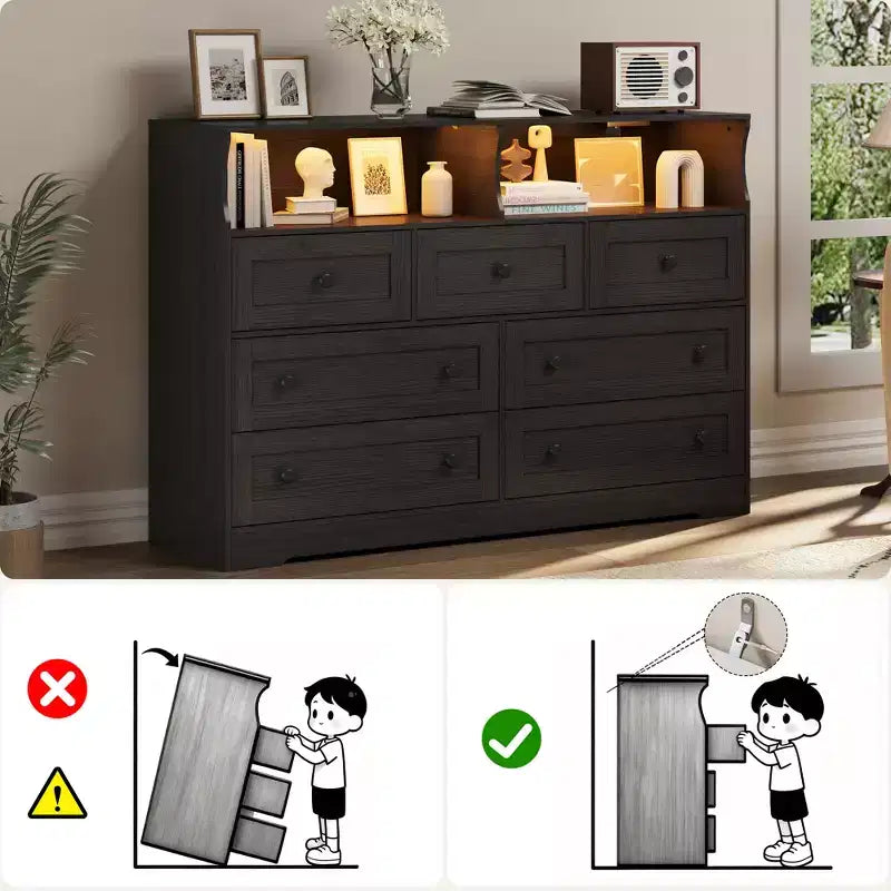 Commode 6 Tiroirs avec Prises de Courant et Lumière LED pour Chambre, Commode en Bois Mince avec Étagère Ouverte, Commode Étroite Peu Encombrante
