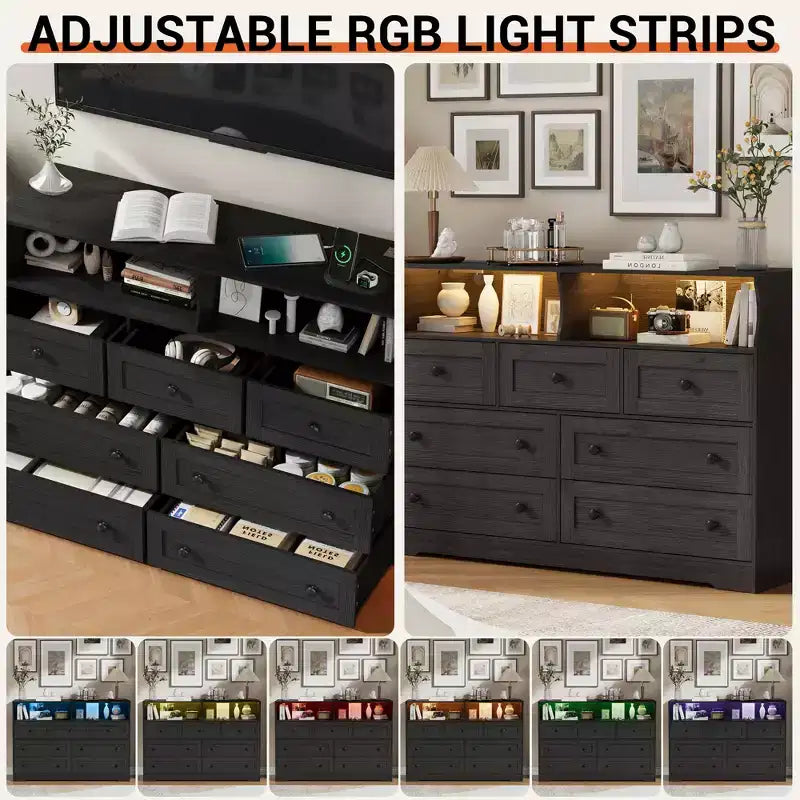 Commode 6 Tiroirs avec Prises de Courant et Lumière LED pour Chambre, Commode en Bois Mince avec Étagère Ouverte, Commode Étroite Peu Encombrante
