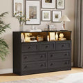 6 Drawer Dresser for Bedroom with Power Outlets & LED Light, Slim Wooden Chest of Drawers with Open Shelf, Space Saving Skinny Dresser