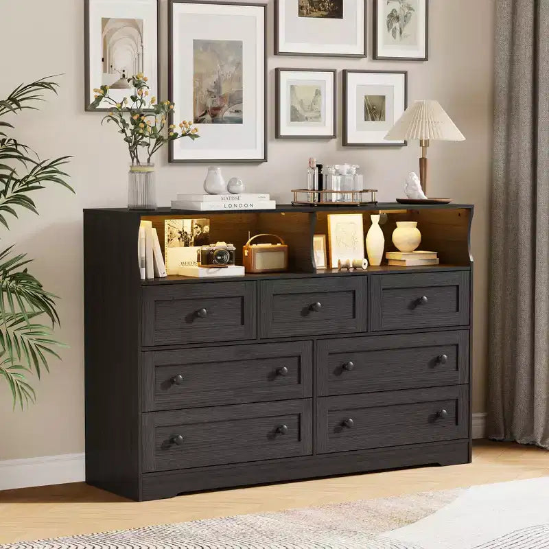 6 Drawer Dresser for Bedroom with Power Outlets & LED Light, Slim Wooden Chest of Drawers with Open Shelf, Space Saving Skinny Dresser