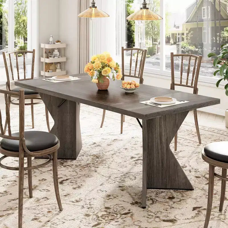 70.9 Inch Dining Table for 6 - Retro Rectangular Farmhouse Kitchen Table with Heavy-Duty Frame for Big Family Gatherings