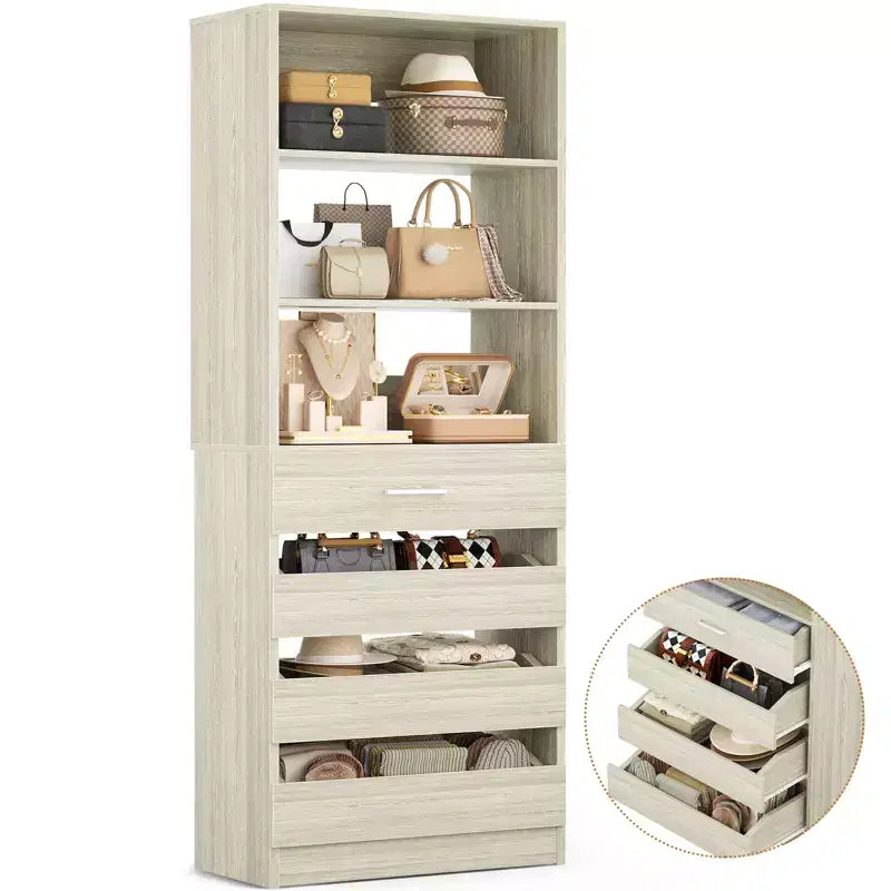 Système de rangement avec 4 tiroirs en bois et étagères réglables