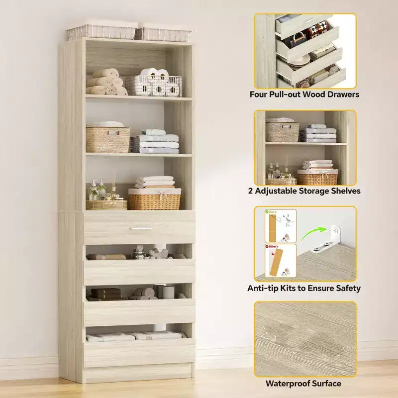 Système de rangement avec 4 tiroirs en bois et étagères réglables