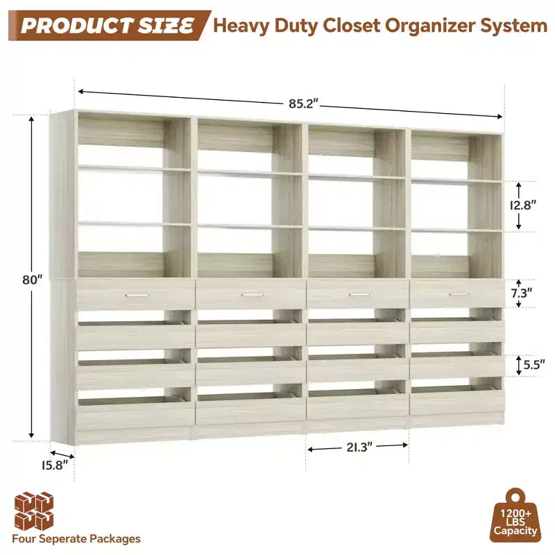Système de rangement avec 4 tiroirs en bois et étagères réglables
