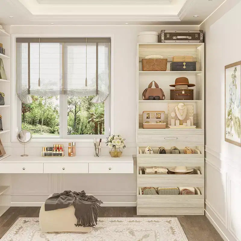 Système de rangement avec 4 tiroirs en bois et étagères réglables
