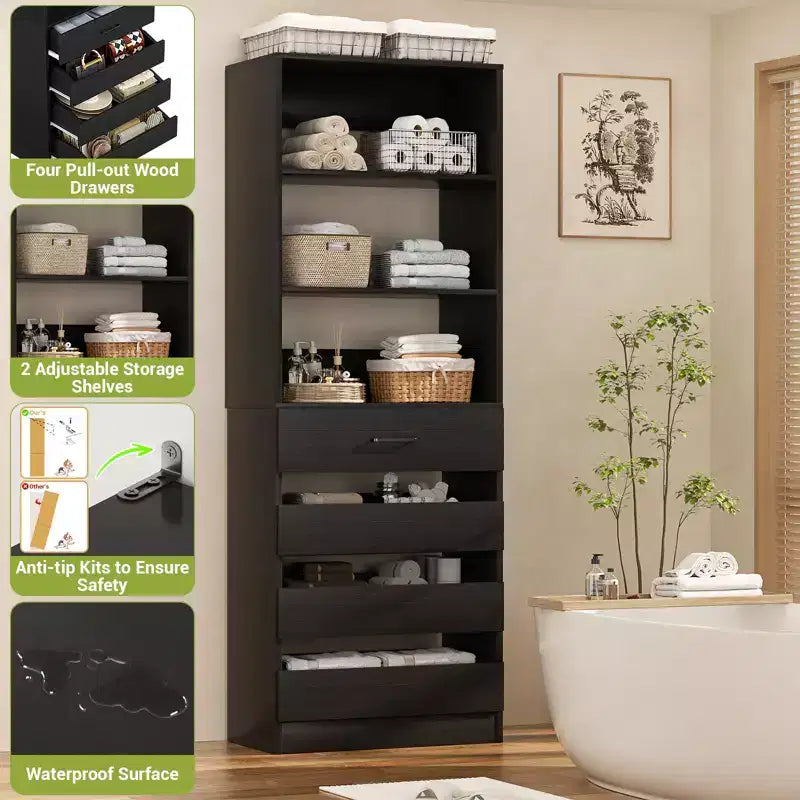 Système de rangement avec 4 tiroirs en bois et étagères réglables