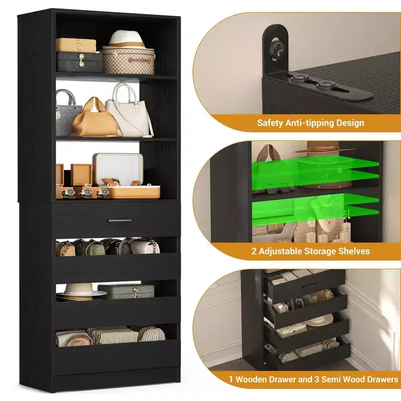 Système de rangement avec 4 tiroirs en bois et étagères réglables
