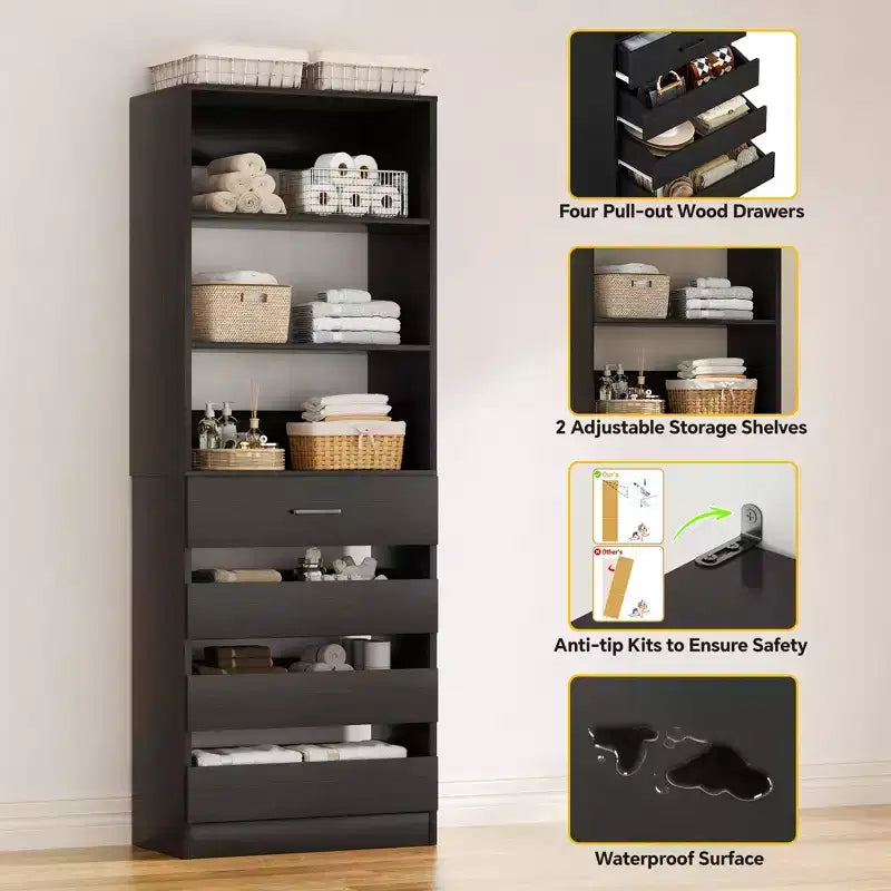 Système de rangement avec 4 tiroirs en bois et étagères réglables