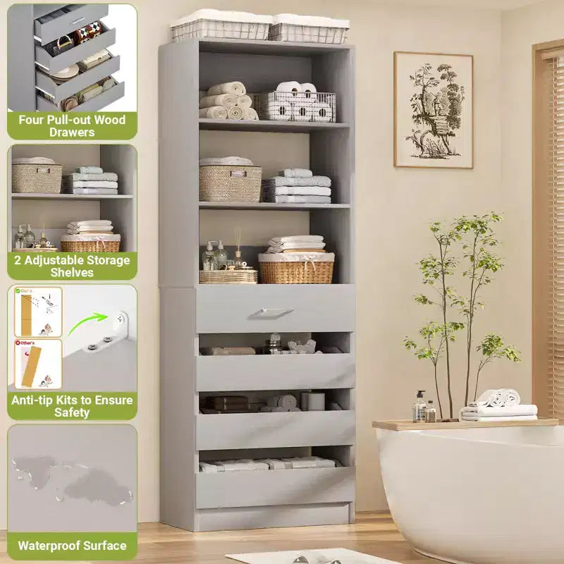 Système de rangement avec 4 tiroirs en bois et étagères réglables