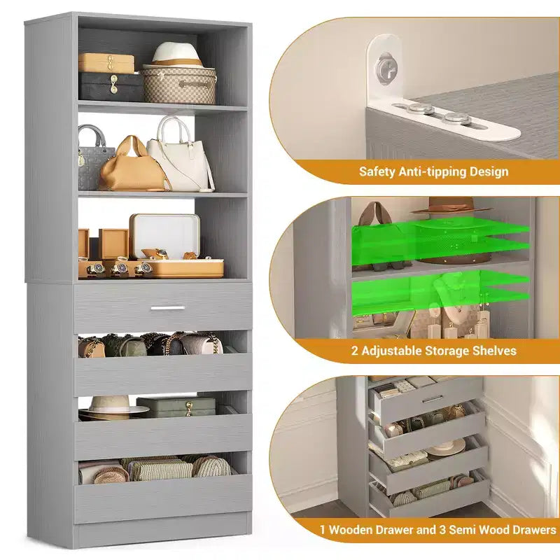 Système de rangement avec 4 tiroirs en bois et étagères réglables
