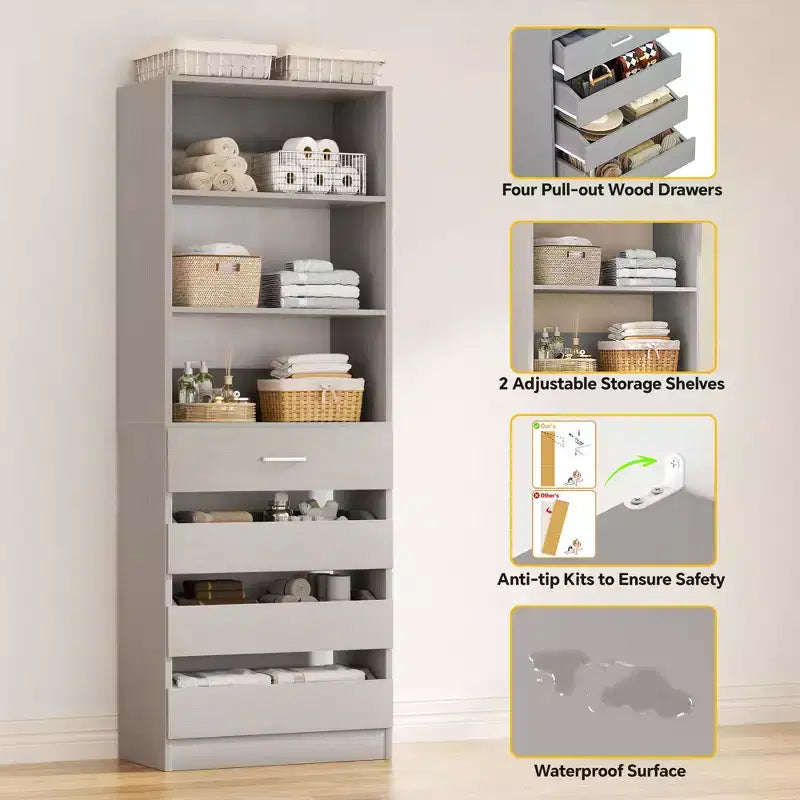 Système de rangement avec 4 tiroirs en bois et étagères réglables