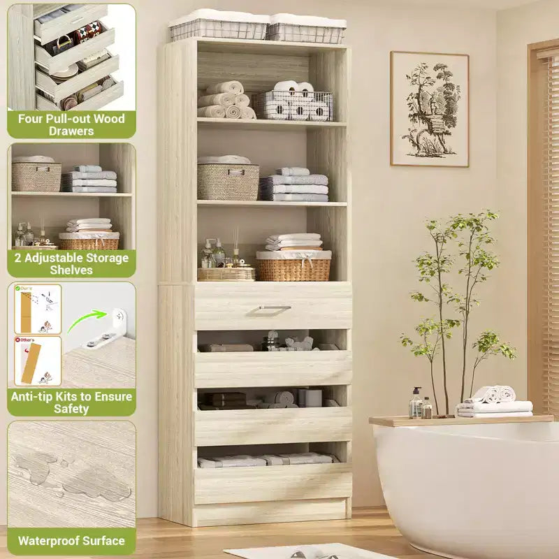 Système de rangement avec 4 tiroirs en bois et étagères réglables