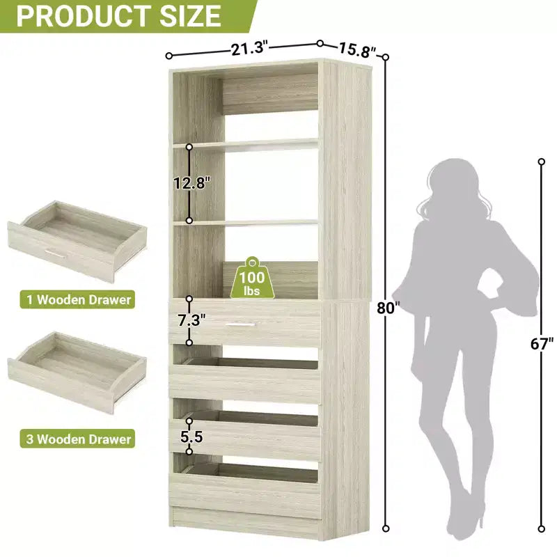 Système de rangement avec 4 tiroirs en bois et étagères réglables