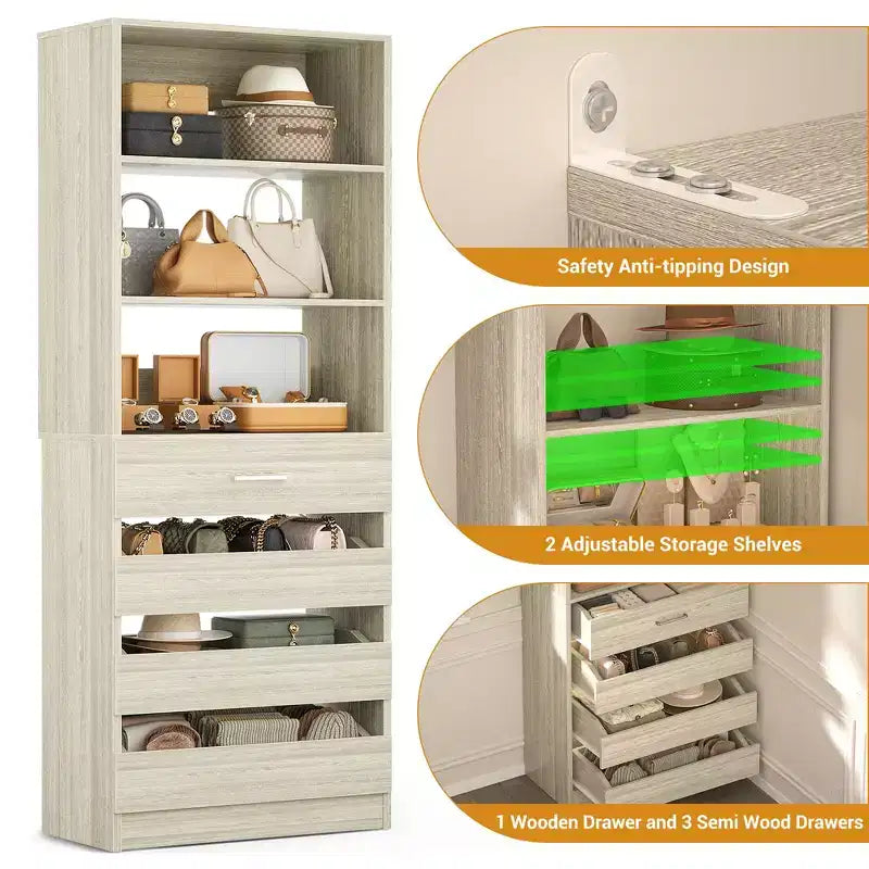 Système de rangement avec 4 tiroirs en bois et étagères réglables