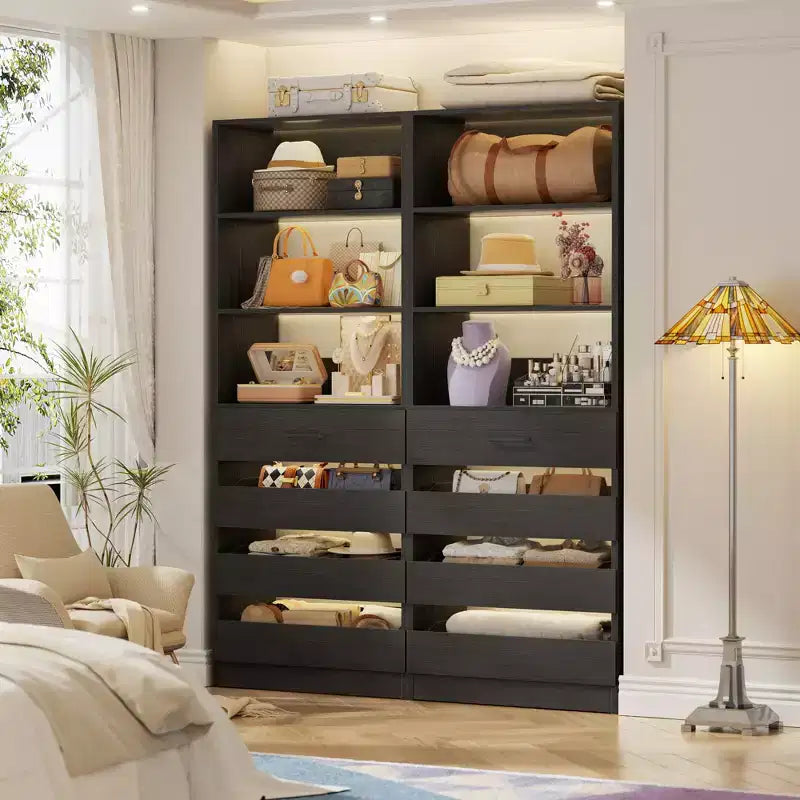 Système de rangement avec 4 tiroirs en bois et étagères réglables