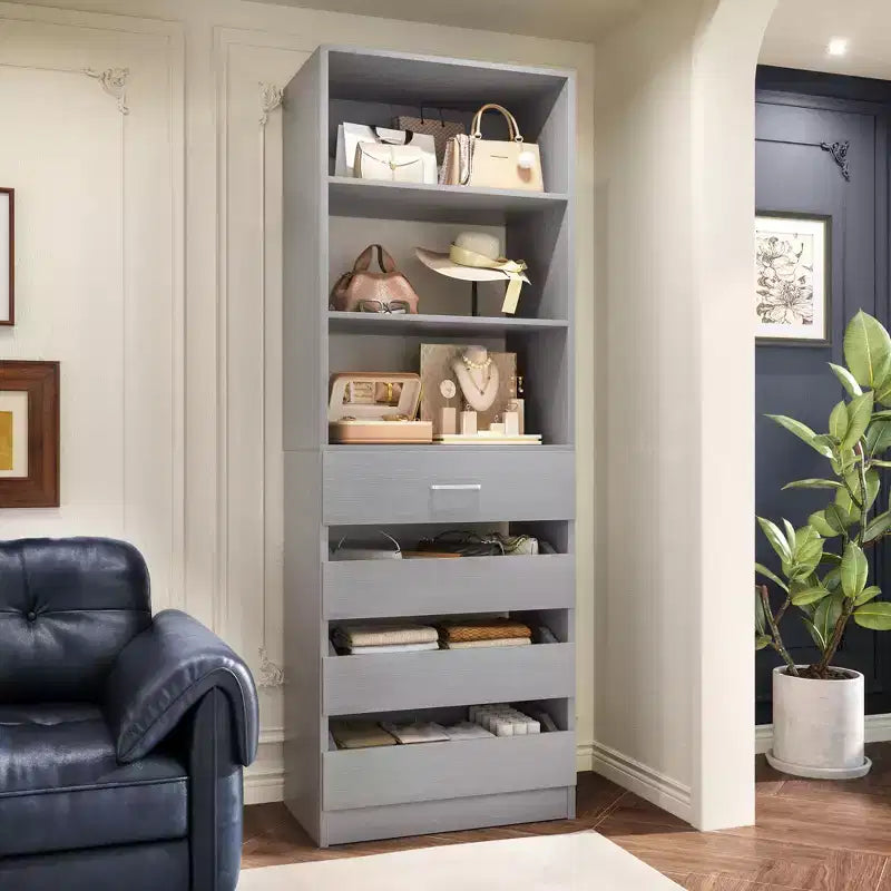 Système de rangement avec 4 tiroirs en bois et étagères réglables