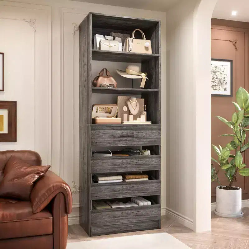 Système de rangement avec 4 tiroirs en bois et étagères réglables