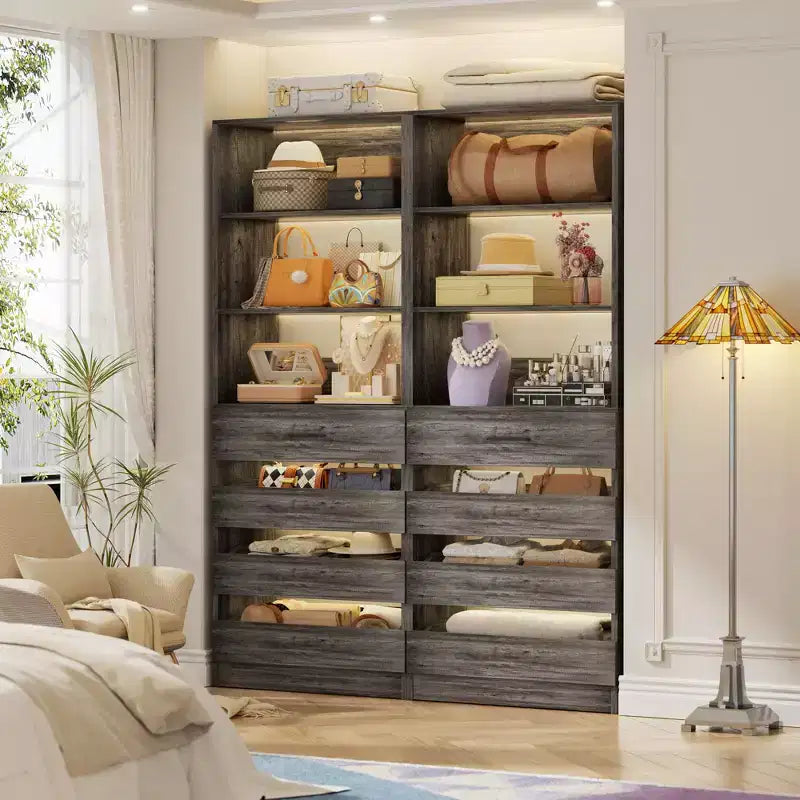 Système de rangement avec 4 tiroirs en bois et étagères réglables