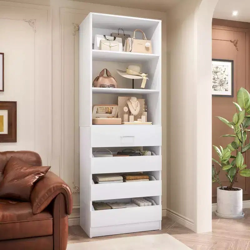 Système de rangement avec 4 tiroirs en bois et étagères réglables