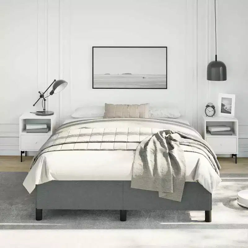 Cadre de lit en tissu gris foncé (100 % polyester), contreplaqué, bois composite