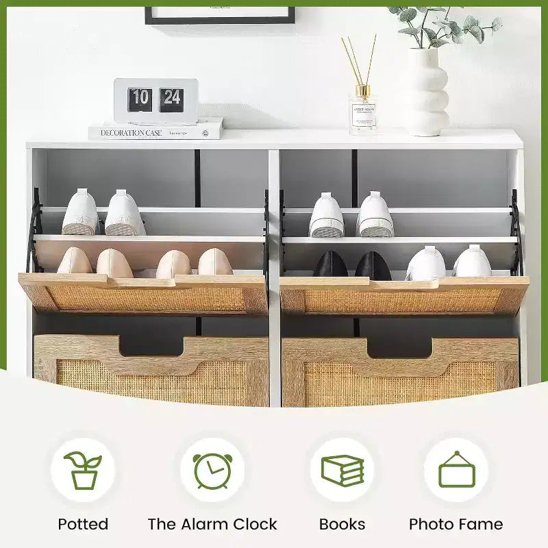 Meuble à chaussures en rotin avec 4 tiroirs basculants, étagères réglables, jusqu'à 20 paires, rangement autoportant pour entrée, 100 cm de largeur, Slim