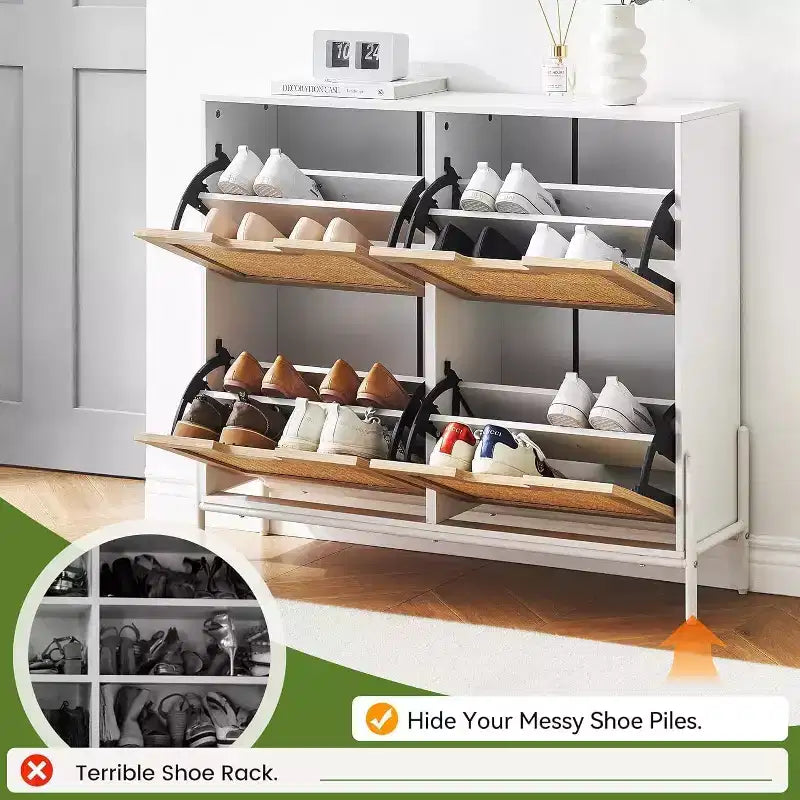 Meuble à chaussures en rotin avec 4 tiroirs basculants, étagères réglables, jusqu'à 20 paires, rangement autoportant pour entrée, 100 cm de largeur, Slim