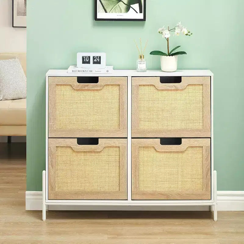 Meuble à chaussures en rotin avec 4 tiroirs basculants, étagères réglables, jusqu'à 20 paires, rangement autoportant pour entrée, 100 cm de largeur, Slim